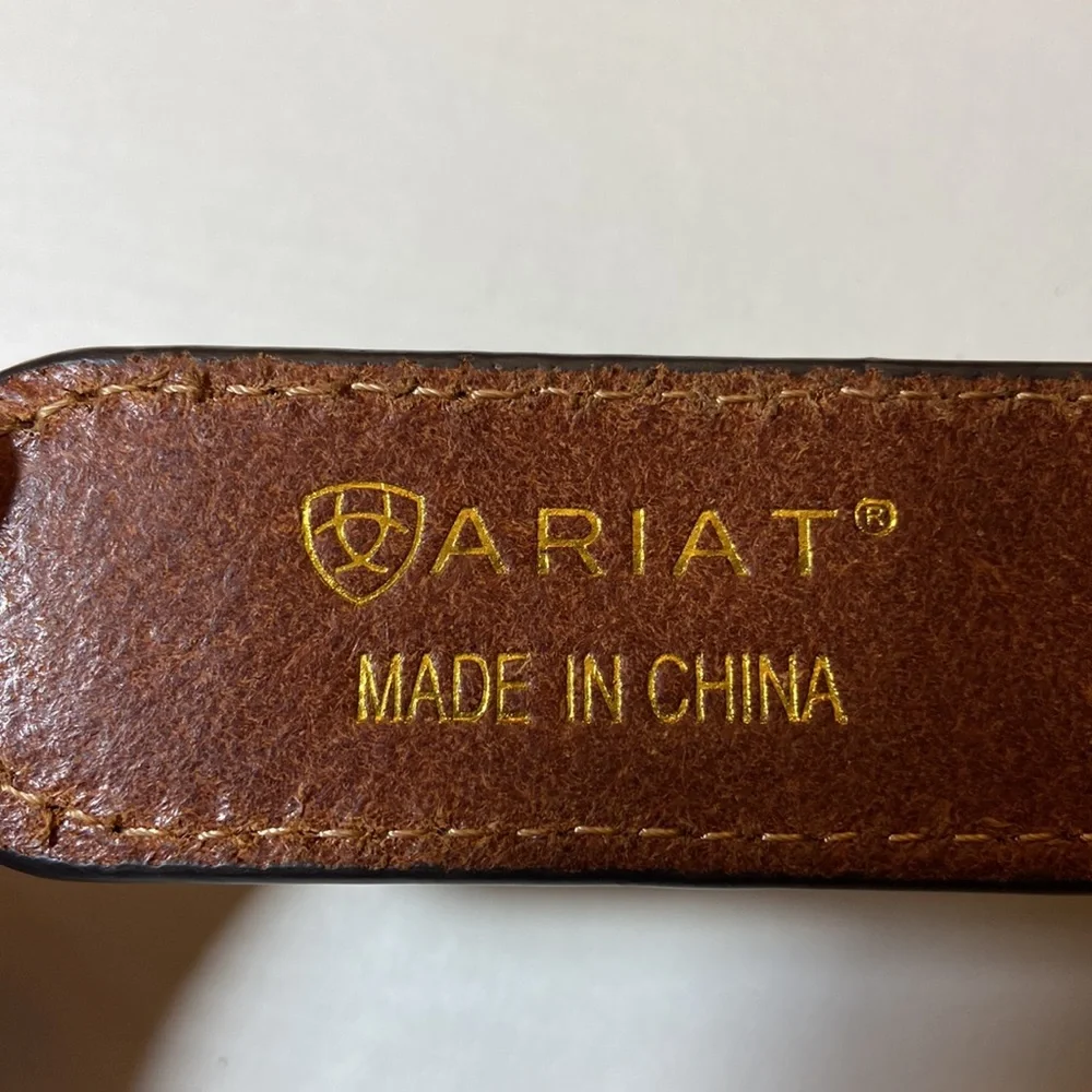 Ariat Brown Leather Boys Western Belt Tapestry Strap Inlay Silvertone Medallion